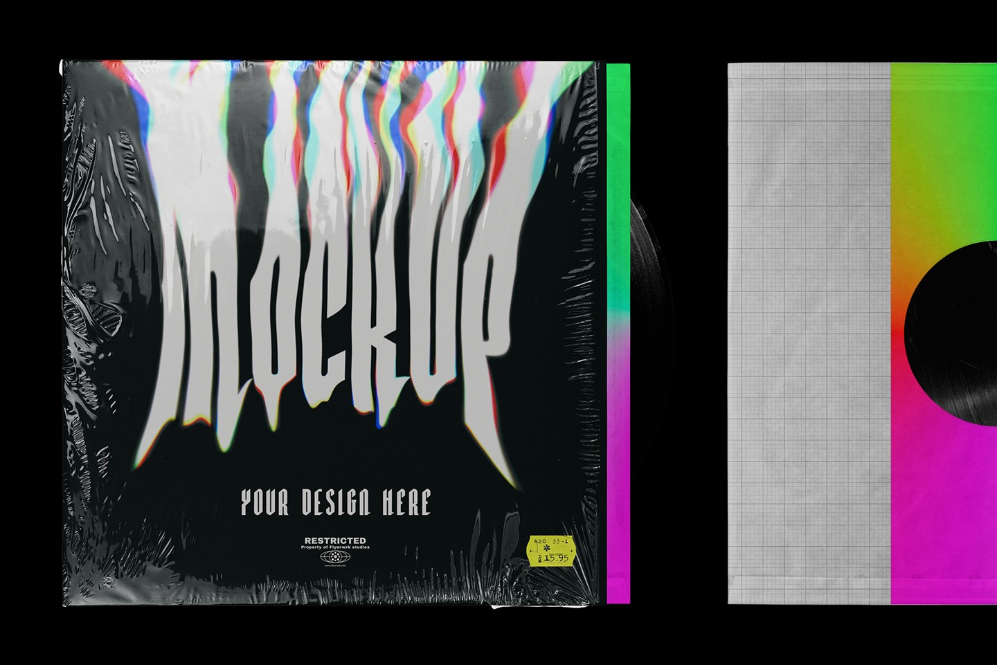 Vinyl record mockup with distorted album artwork preview and visible record sleeve