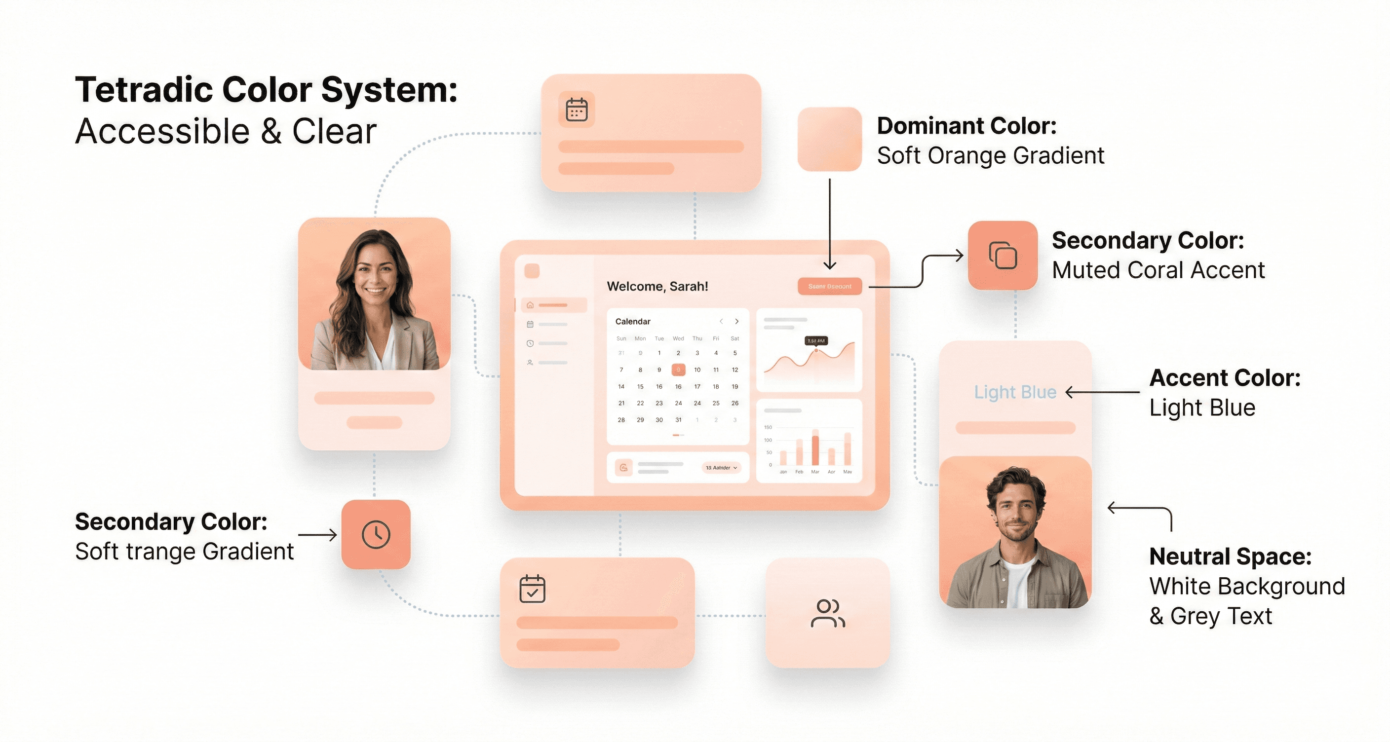 “Annotated SaaS interface demonstrating dominant, secondary, accent, and neutral color roles within a tetradic color system.”
