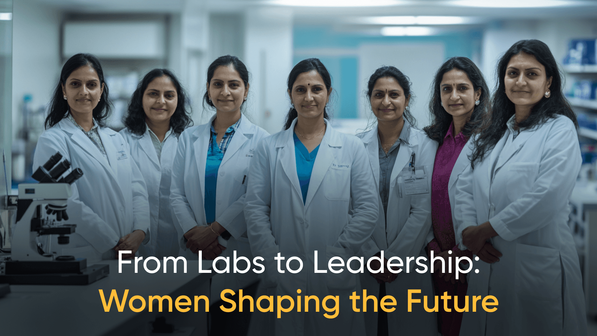 Group of female scientists in white lab coats standing together in a laboratory, showcasing women in leadership roles in healthcare.