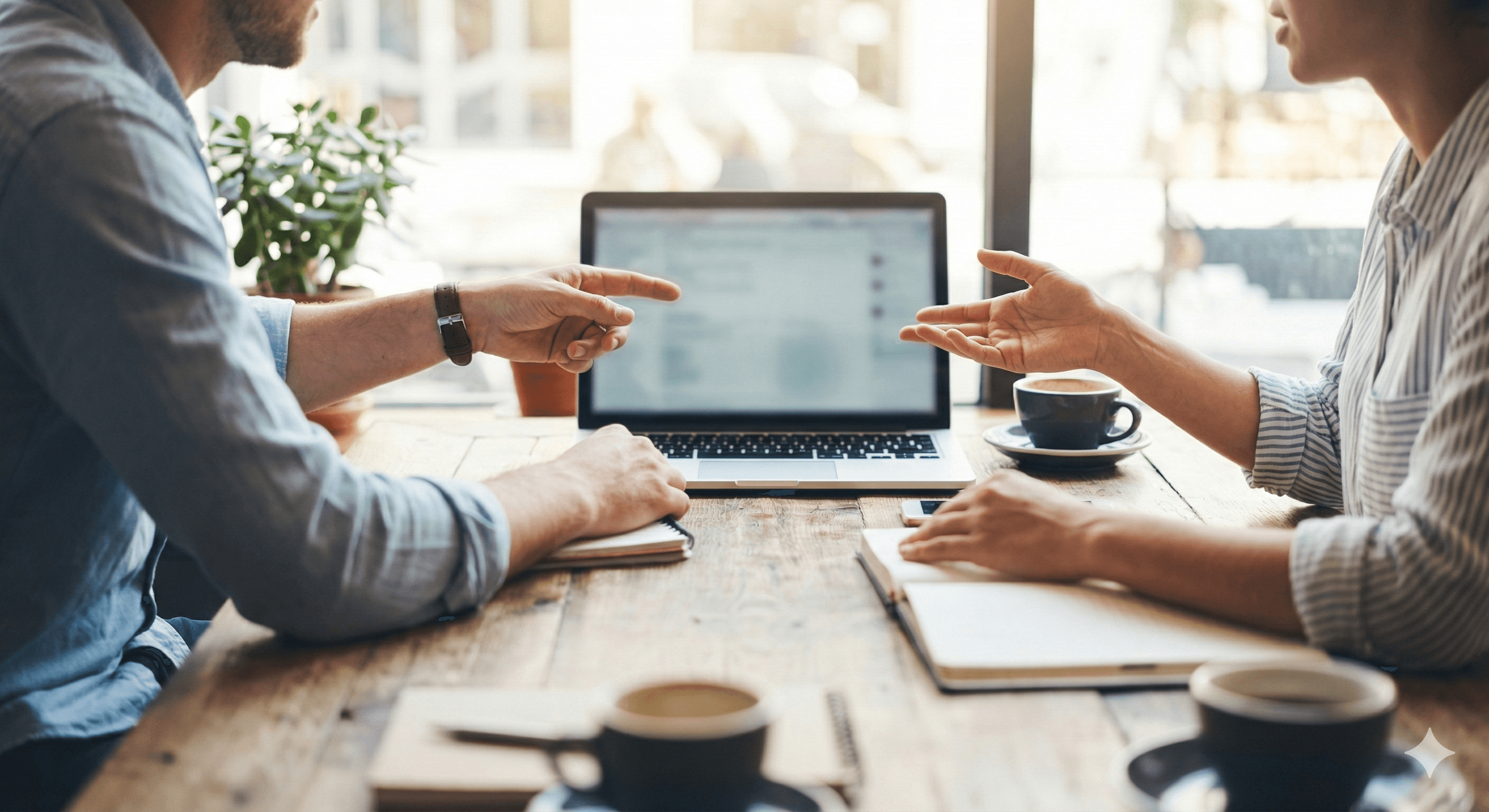 Individuelle Software-Beratung und Support: Zwei Personen sitzen sich an einem Holztisch in einem hellen Büro gegenüber und besprechen Anpassungsmöglichkeiten am Laptop. Man sieht gestikulierende Hände, die auf den Bildschirm deuten, sowie Kaffeetassen und Notizbücher, was eine partnerschaftliche Zusammenarbeit symbolisiert.