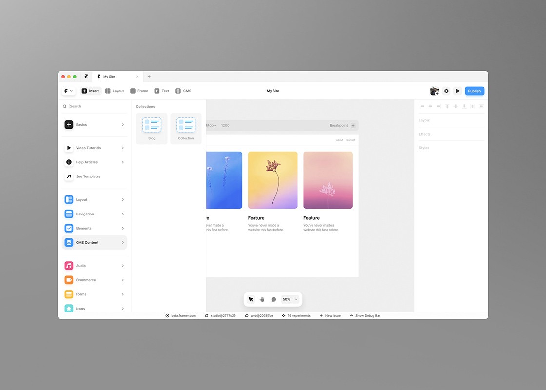 A screenshot from the Framer UI, showing the home screen, where you can paste from Figma