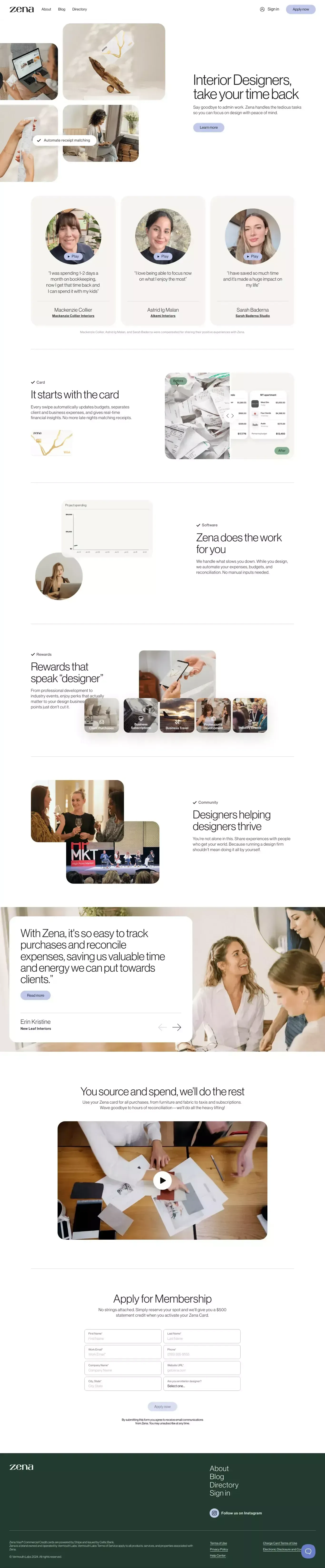 Zena landing page screenshot showcasing Finance and Furniture & Interiors design