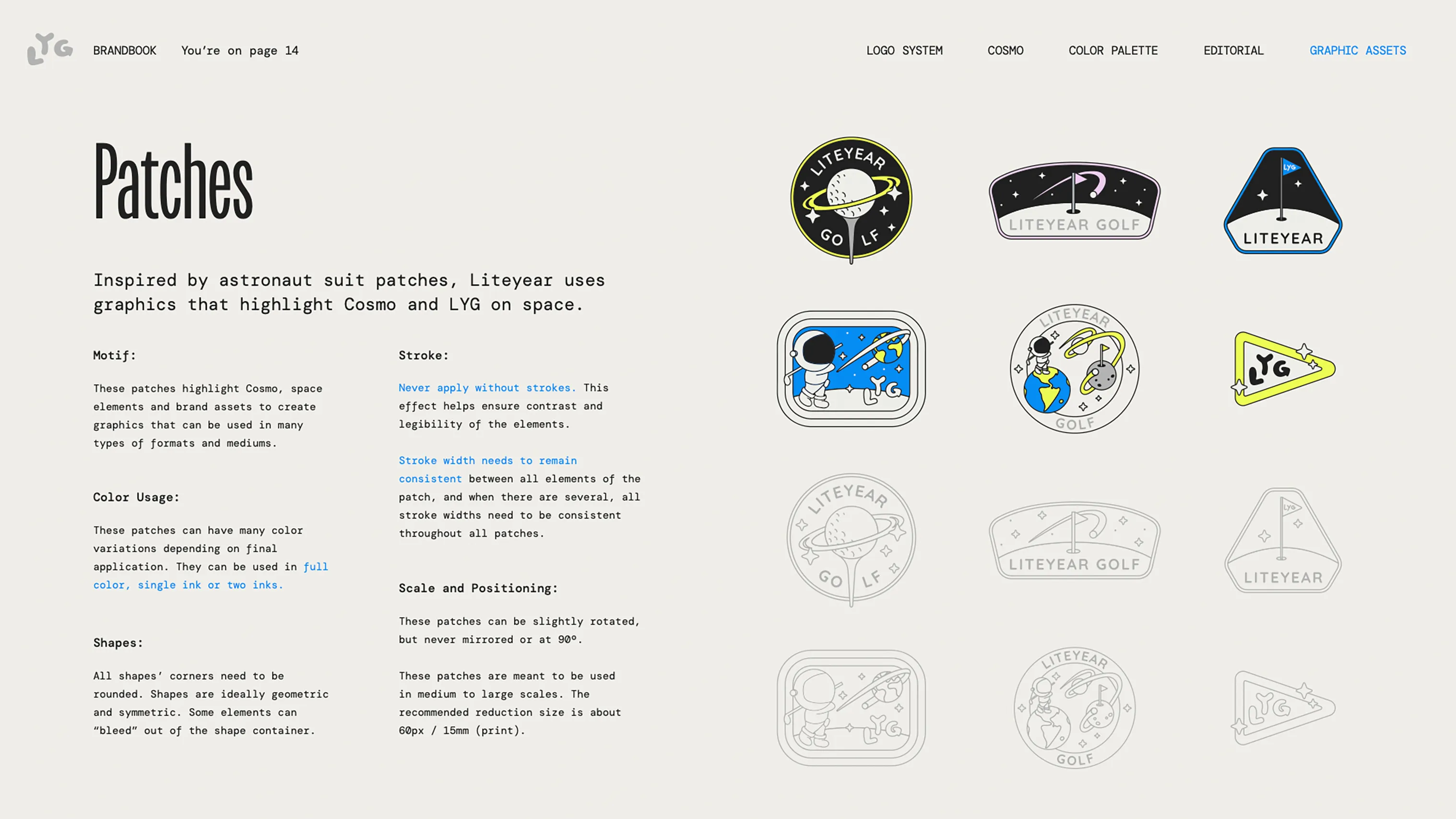 Liteyear Golf patch design system with astronaut, planet, flag, and logo graphics