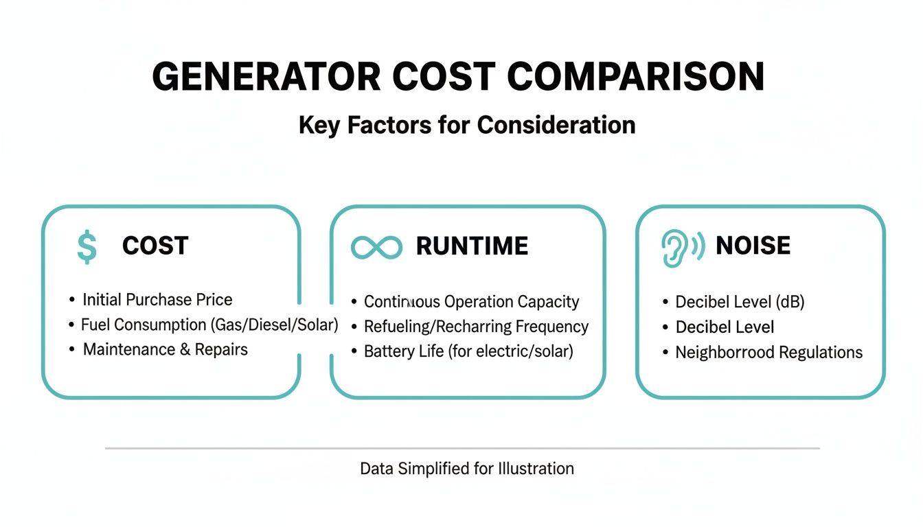 Infographic comparing generator costs, runtime, and noise factors including purchase price, fuel, maintenance, and decibel levels.