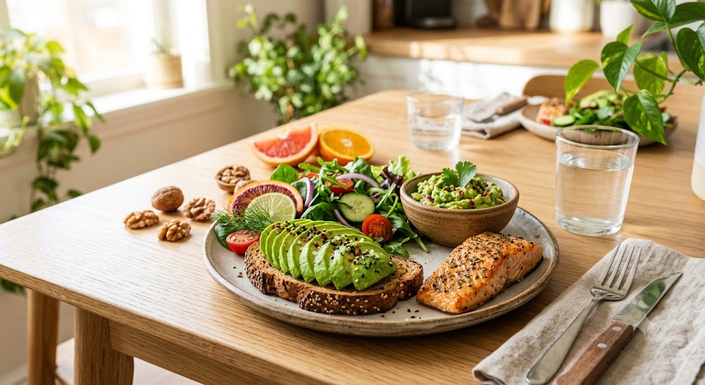 A vibrant, naturally lit photo of a healthy breakfast plate on a wooden table, featuring whole-grain avocado toast topped with sliced avocado, grilled salmon, mixed green salad, fresh grapefruit and orange slices, and whole walnuts.