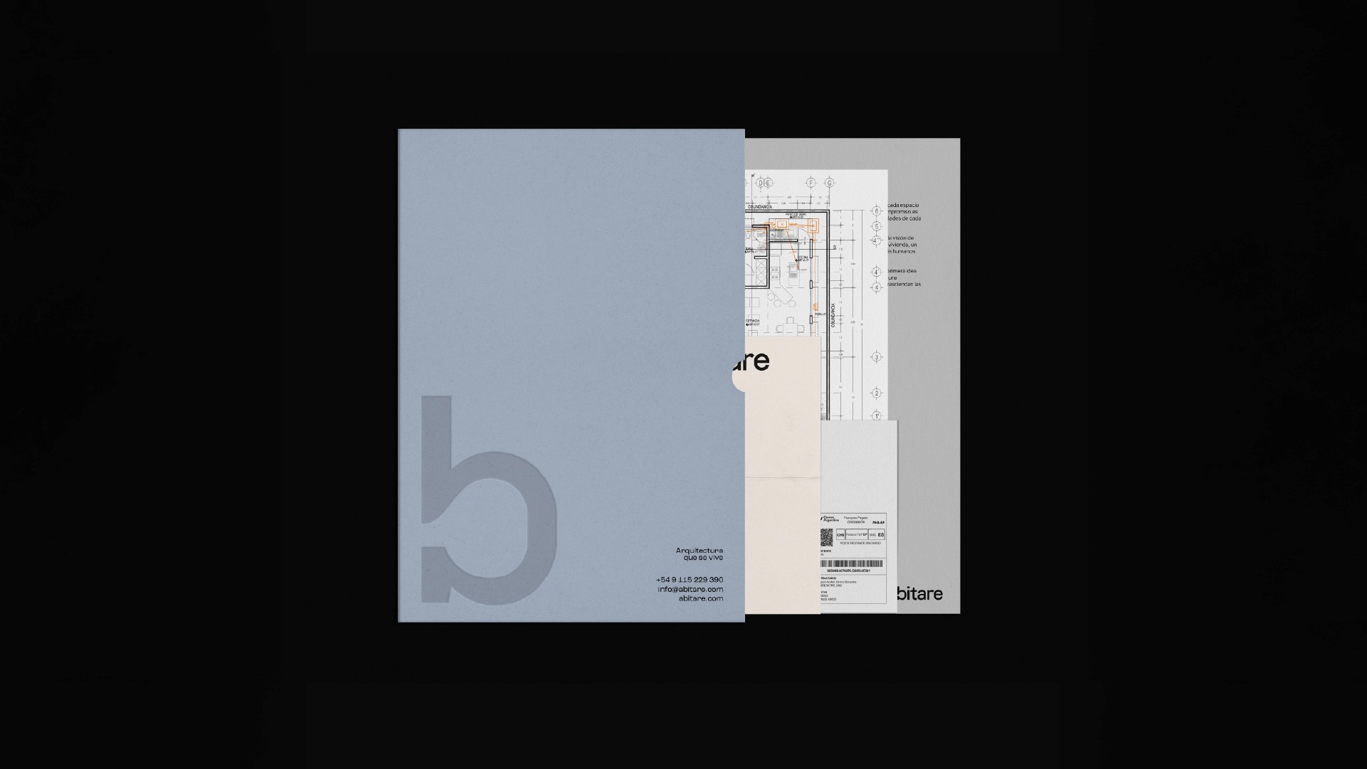 A light gray folder with a minimalist lowercase "b" design is partially opened to reveal architectural plans, showcasing a modern, professional presentation layout.