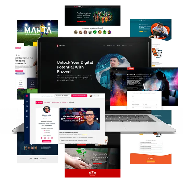 Imagem de notebook aberto vom vários layouts de sites e LPs em volta mostrando clientes como O Novo Mercado, Jogadora Marta, Lenovo, Atala, Anonimmata, Buzzvel, Sua Vistoria...