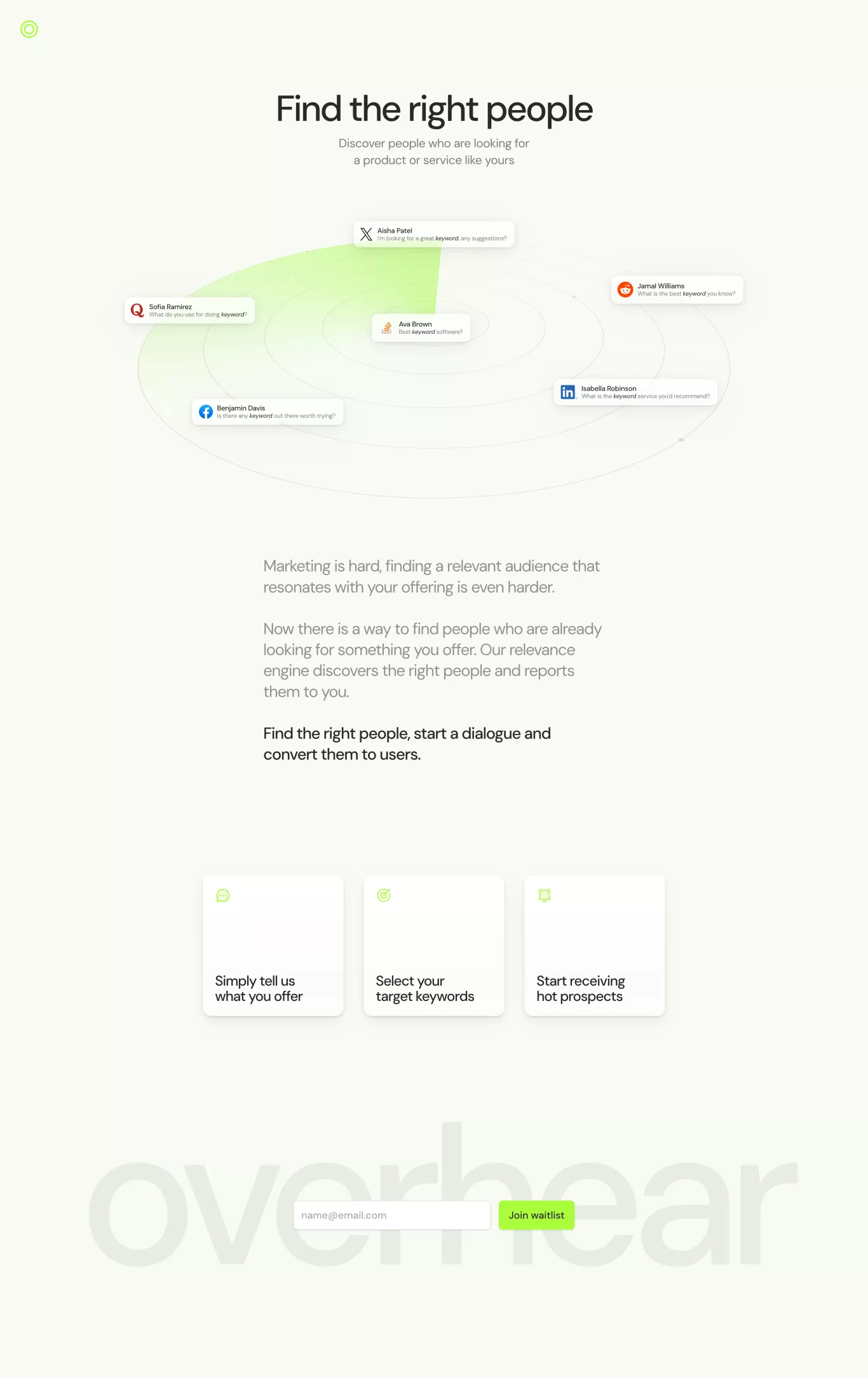 Overhear landing page screenshot showcasing Tech and Marketing design