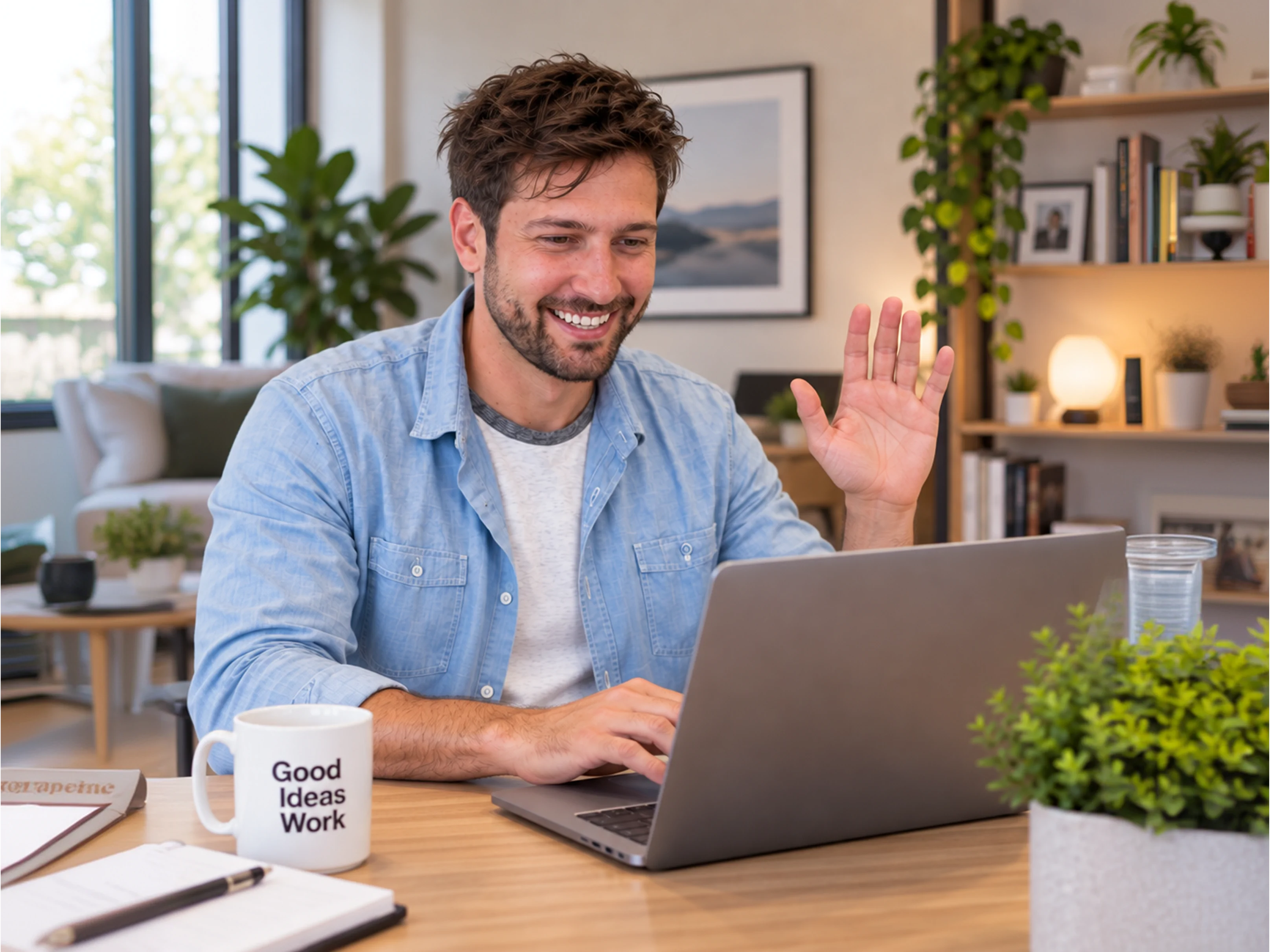 Jave Carter waving during a video call from his home office.