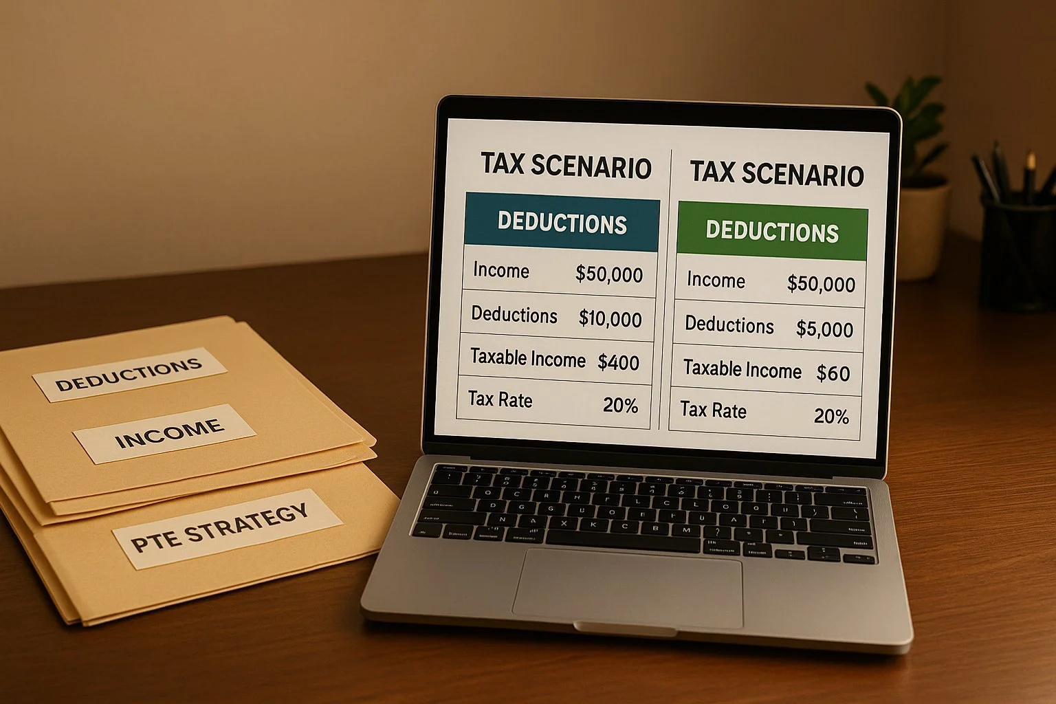 Office desk with a laptop showing two mirrored tax scenarios side by side, with folders labeled deductions, income, and PTE strategy under warm lighting.