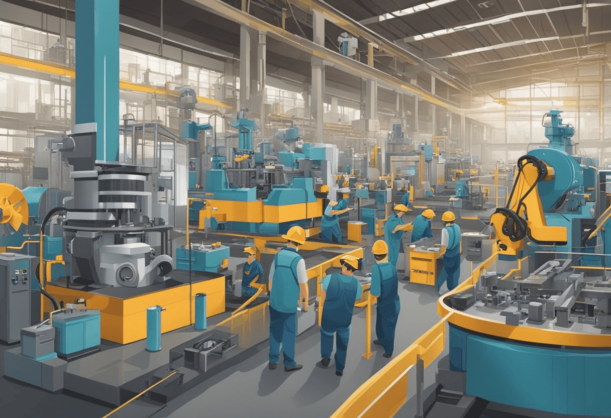 A bustling factory floor with machinery in motion and workers busy at their stations, surrounded by industrial equipment and tools
