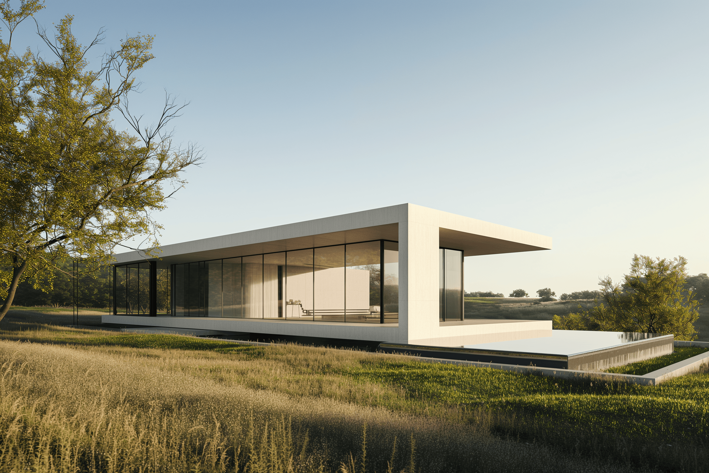 Daytime architectural visualization of a contemporary minimalist house with floor-to-ceiling glass walls and cantilevered roof, surrounded by natural landscape and sunlight reflections.