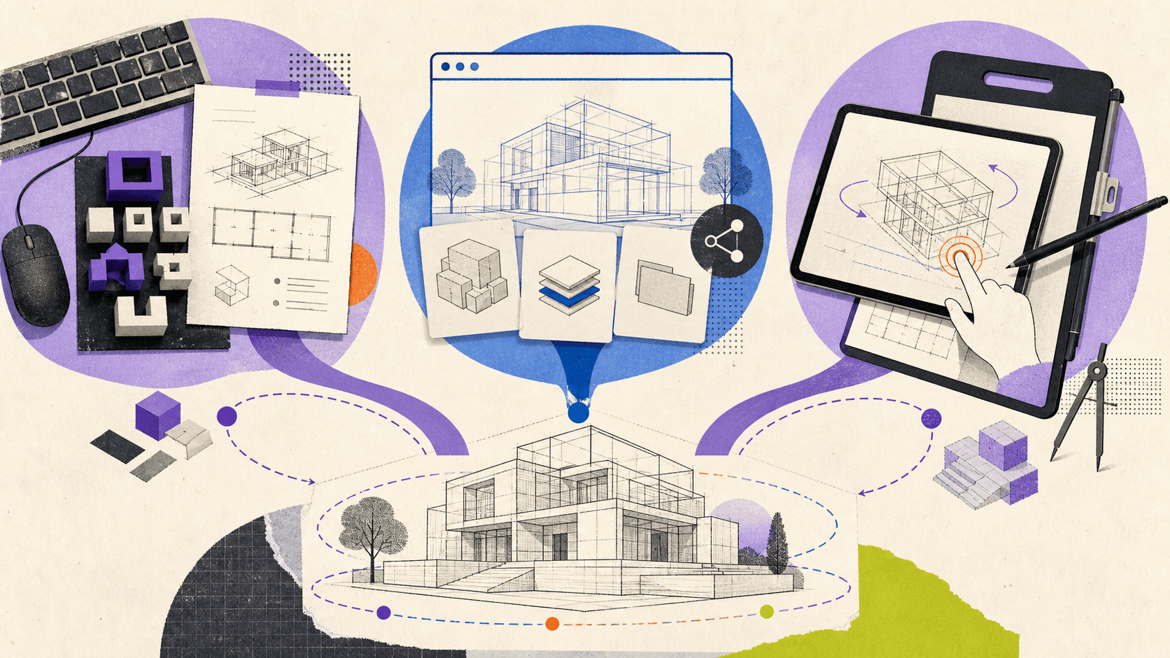 SketchUp learning paths across desktop, web, and iPad leading to an architectural model.