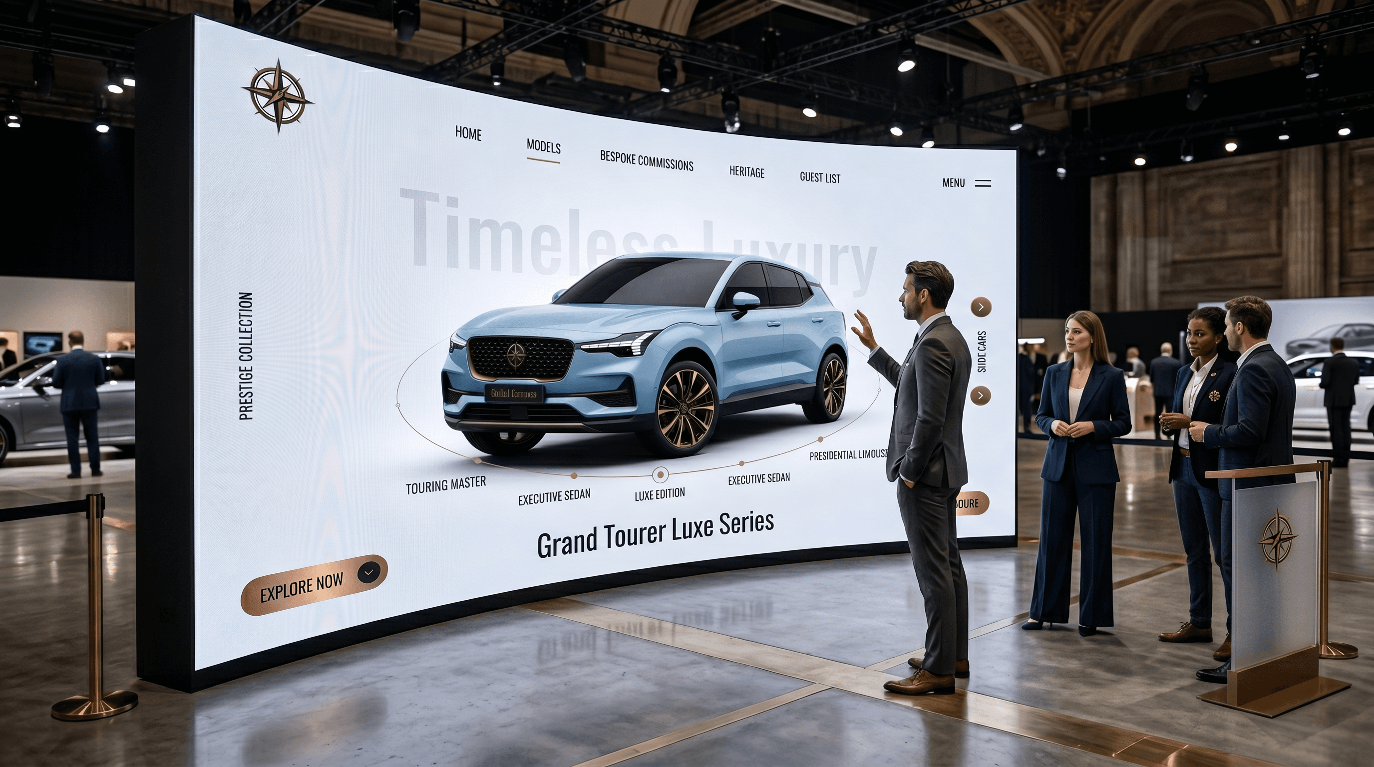 Automotive 3D car configurator displayed on large interactive kiosk at an auto expo trade show