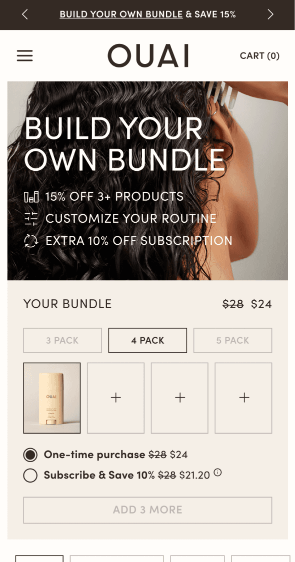 OUAI mobile bundle builder allowing customers to create custom product sets