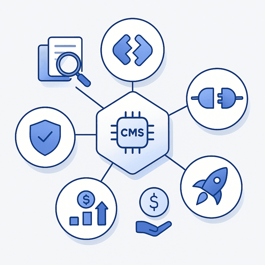 Diagram of five interconnected icons representing key AI CMS decision criteria