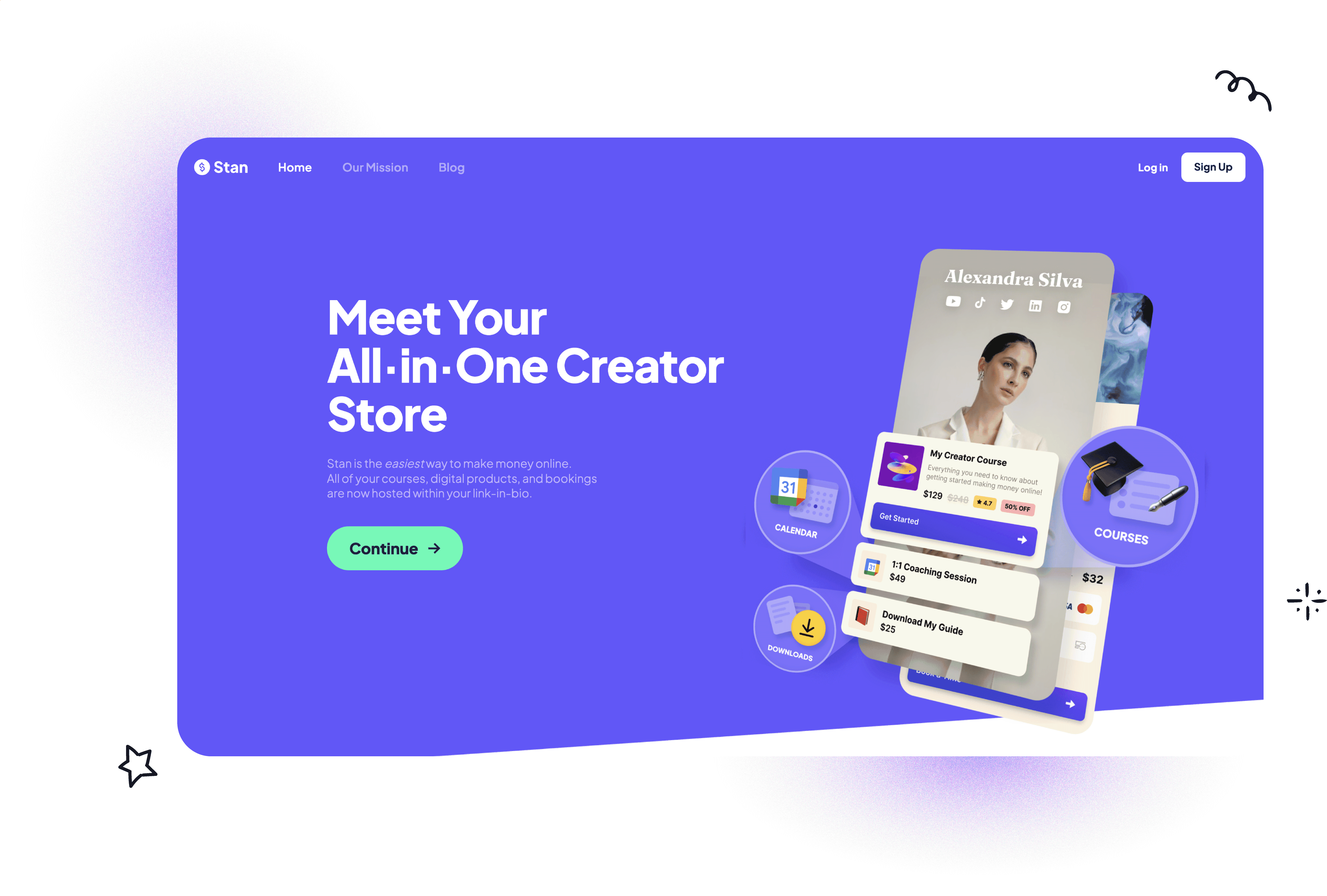 Stan Store homepage showing courses and digital products