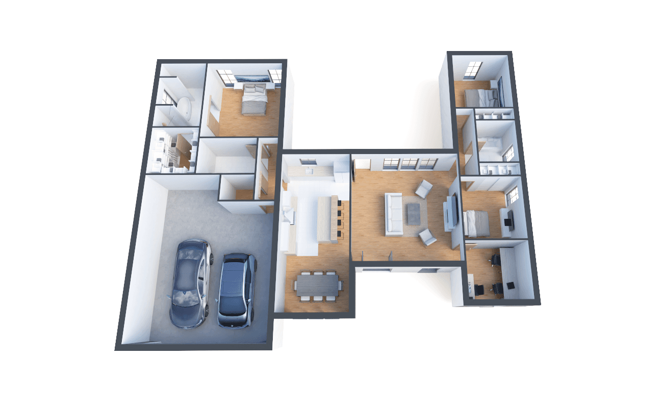 3D perspective of a three-bedroom house layout, showcasing an open-plan living area, dedicated office, and spacious bedrooms.