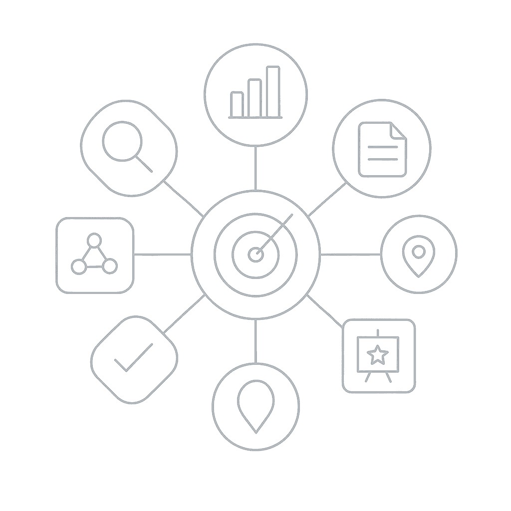 Seven-pillar diagram showing core GEO success surrounded by evaluation criteria pillars