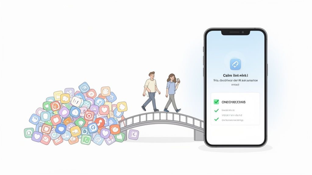 Two people walk over a bridge away from many colorful apps towards a simplified all-in-one software on a smartphone.