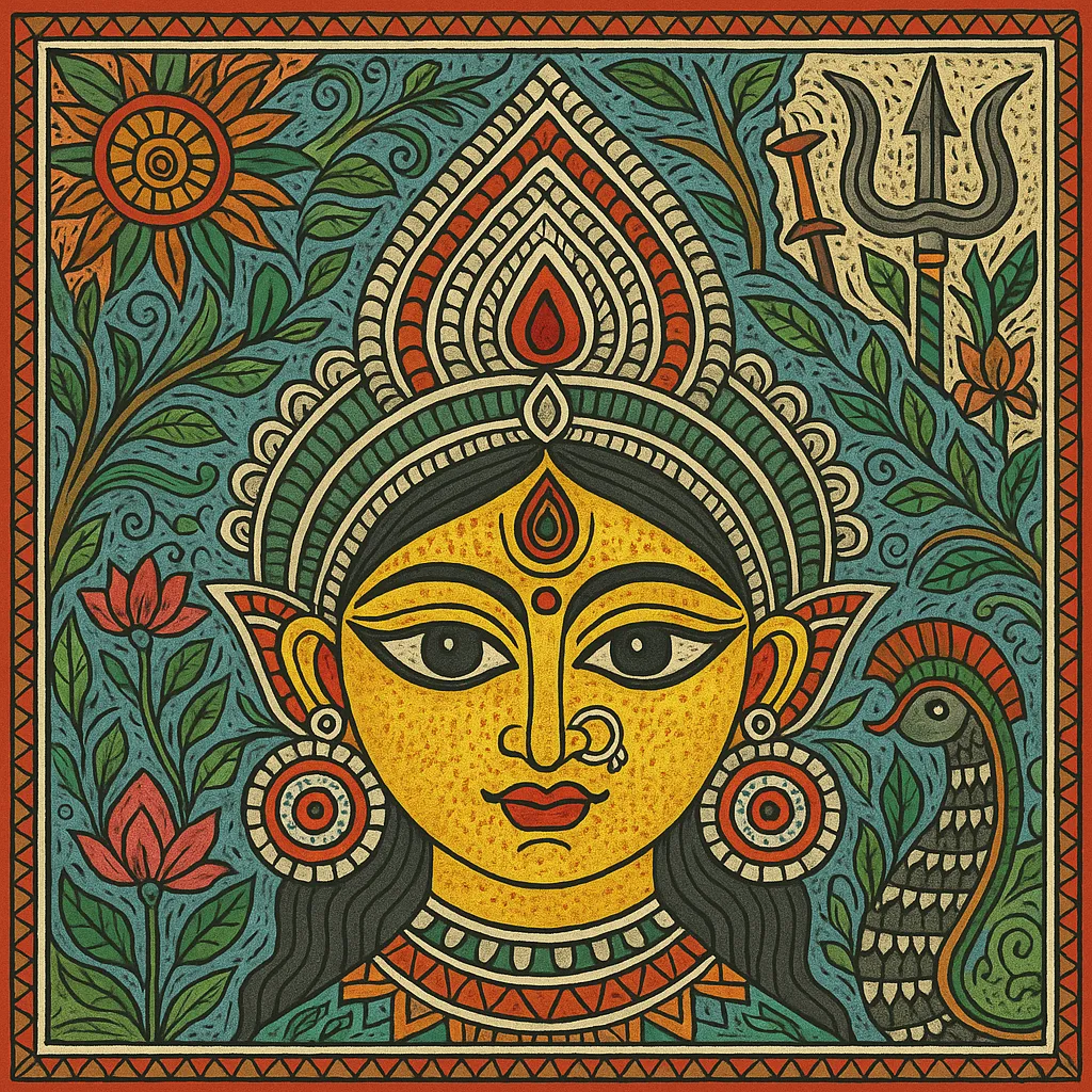 Durga surrounded by other gods and playing holi