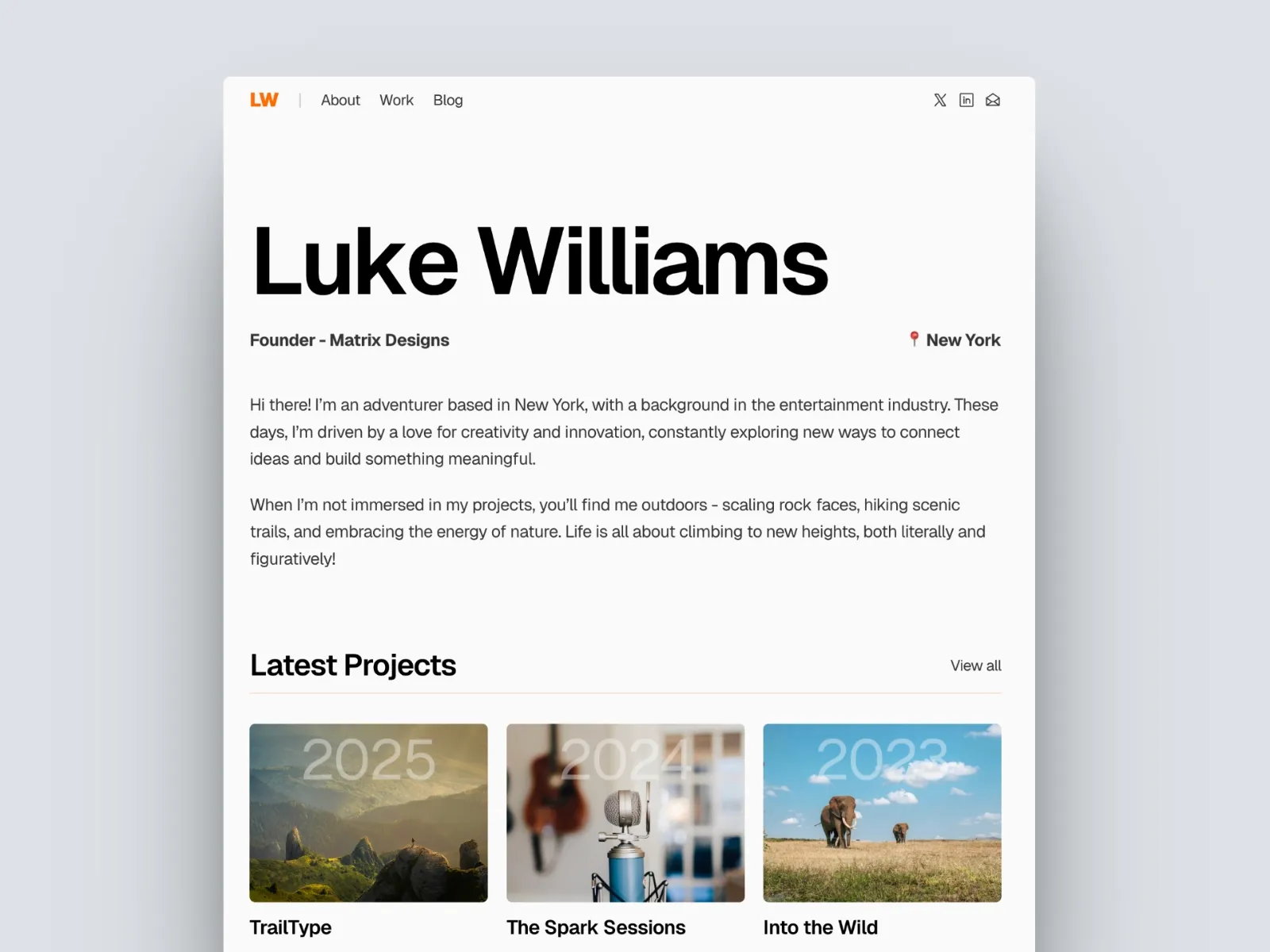 Privé lifestyle blog template with personal bio, latest projects grid, and clean minimal typography layout.