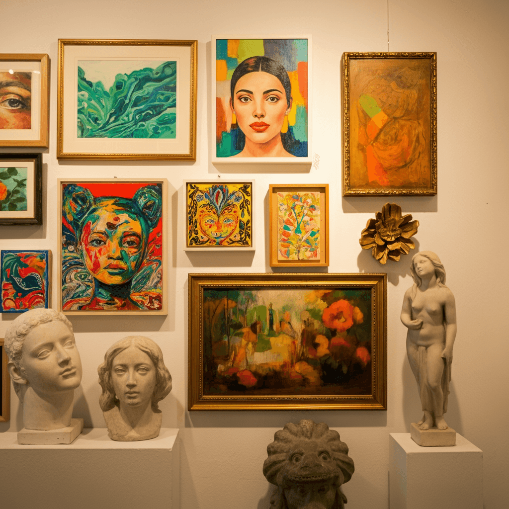 art wall of paintings and sculptures