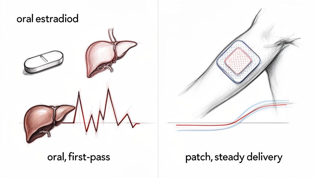 Comparison of oral estradiol pill processed by the liver versus steady delivery from a transdermal patch.