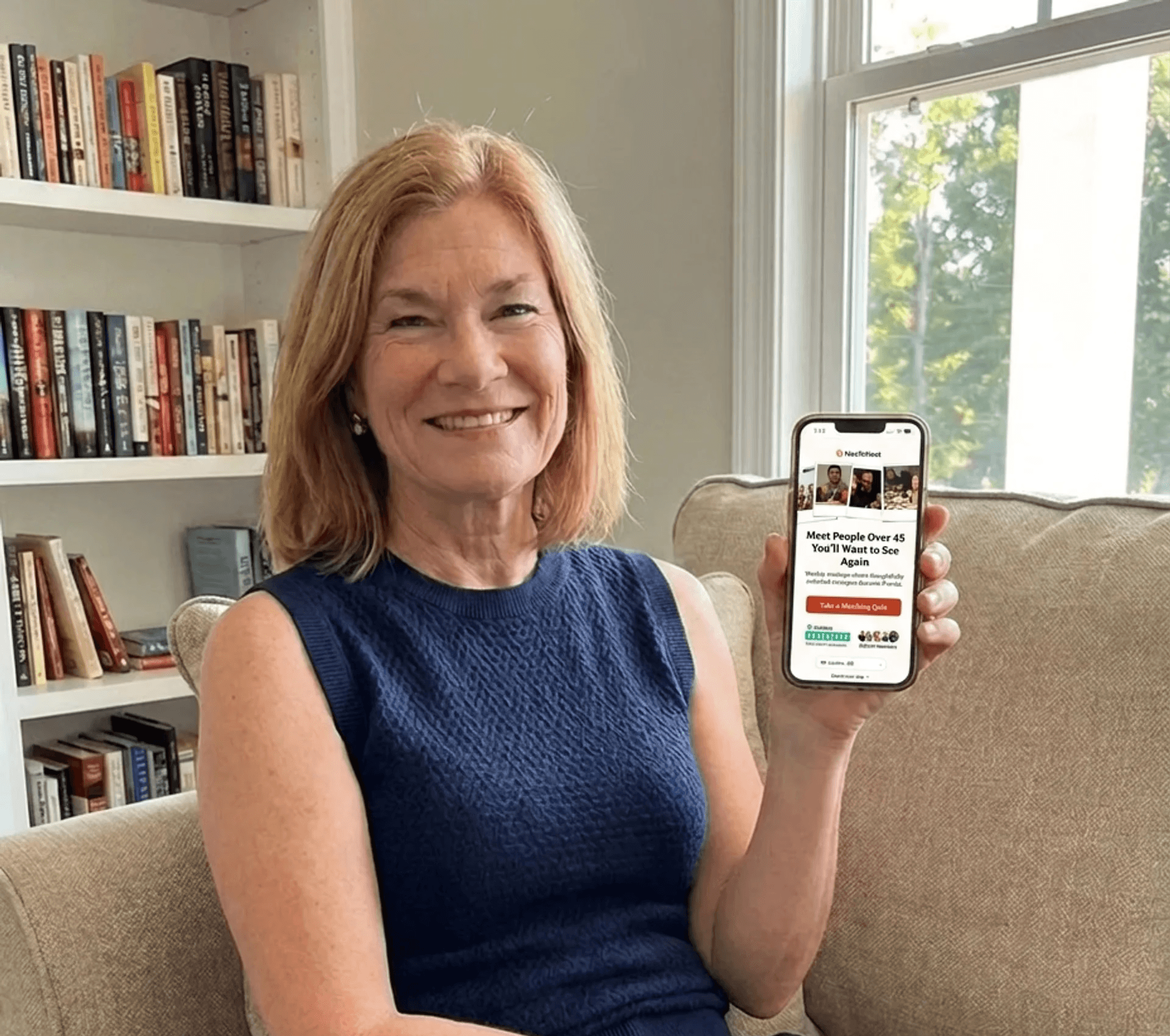 Susan at home, quiz on phone
