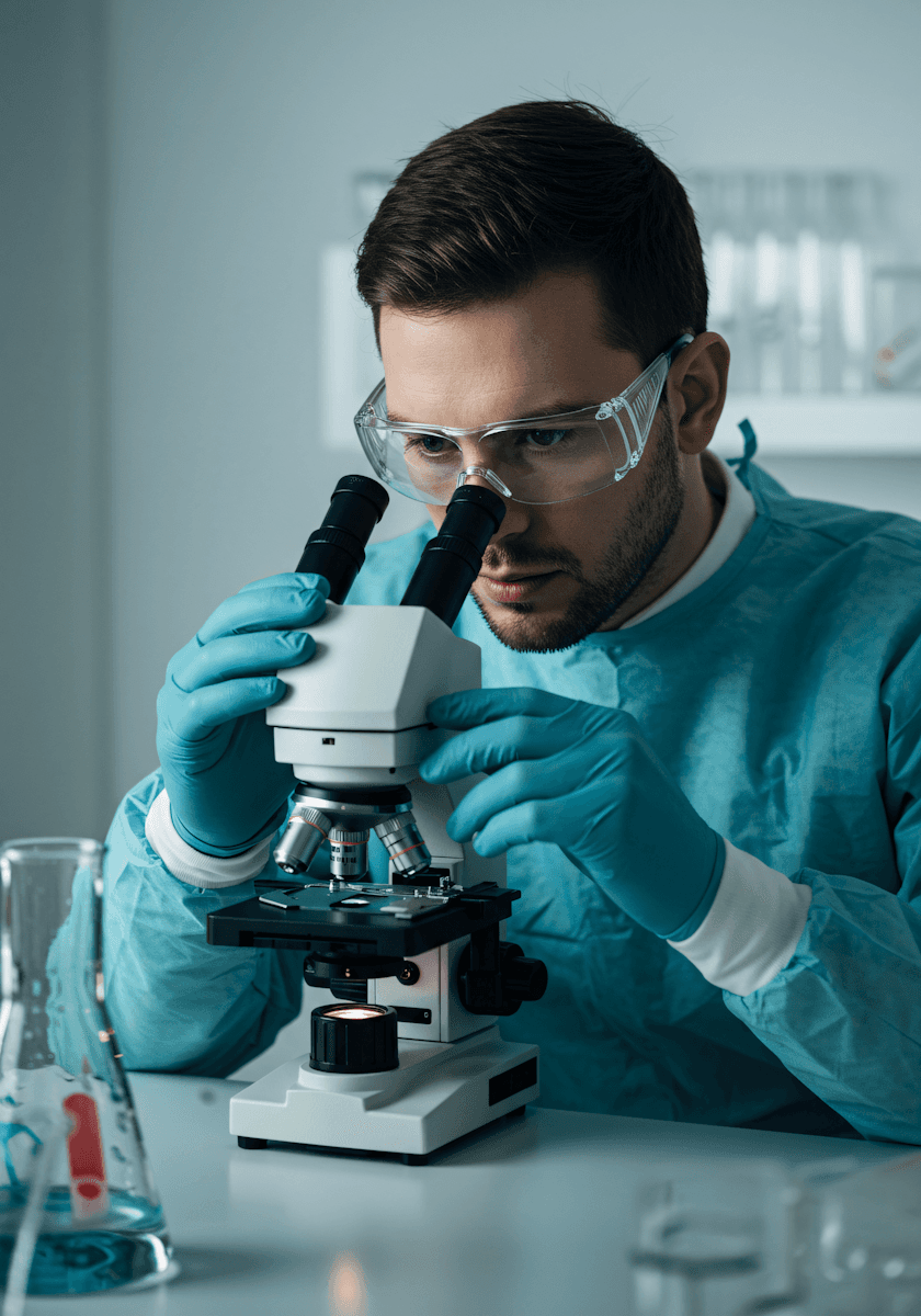 A scientist wearing safety goggles and a blue lab coat examines a sample under a microscope, conveying focus and precision in a laboratory setting.