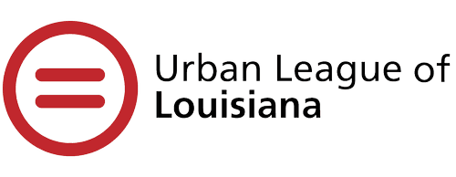 The image shows the logo of the Urban League of Louisiana, featuring a bold red circle with two parallel horizontal lines inside, positioned to the left of the organization's name in black sans-serif font.