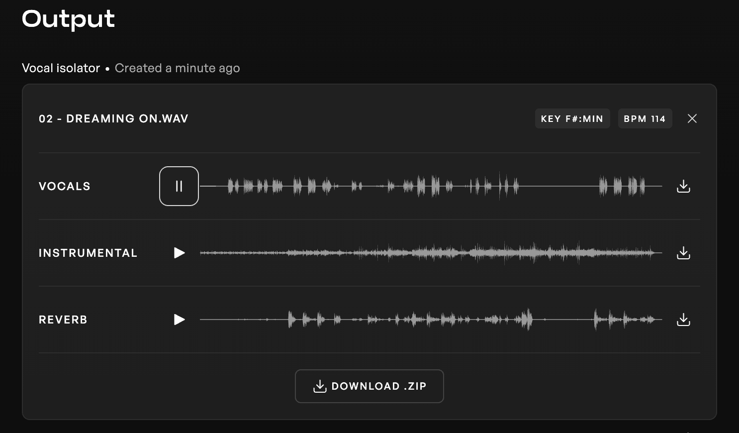 Outputs from the Kits AI Vocal Isolator tool