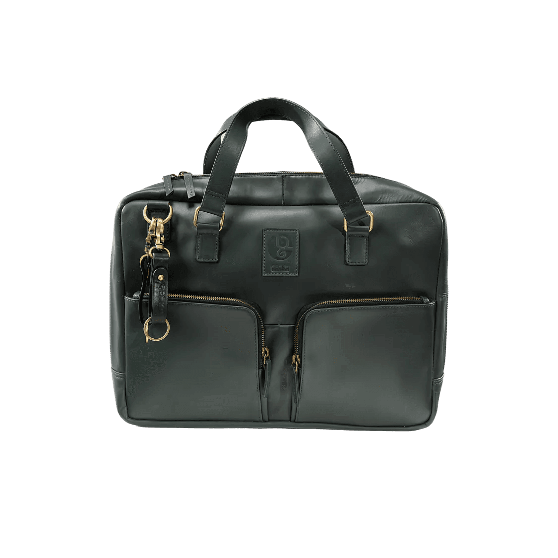 Olive leather bag with gold accents on a white background