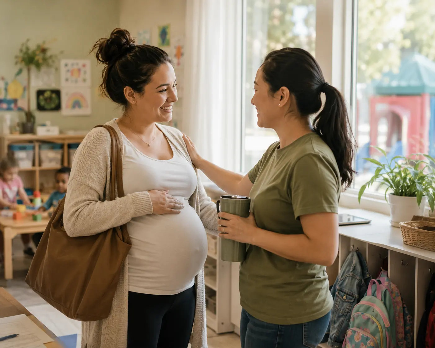 a pregnant woman and another woman chat in a daycare center