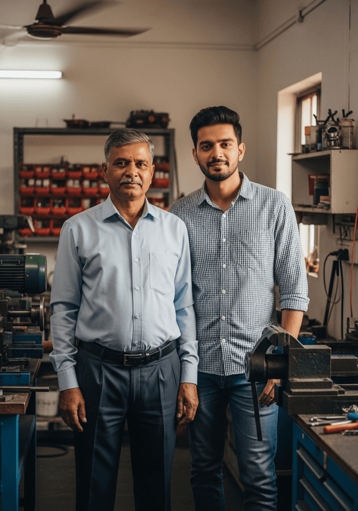 Harish and Vikram Gupta, a father and son, standing in their office surrounded by raw material and old machinery