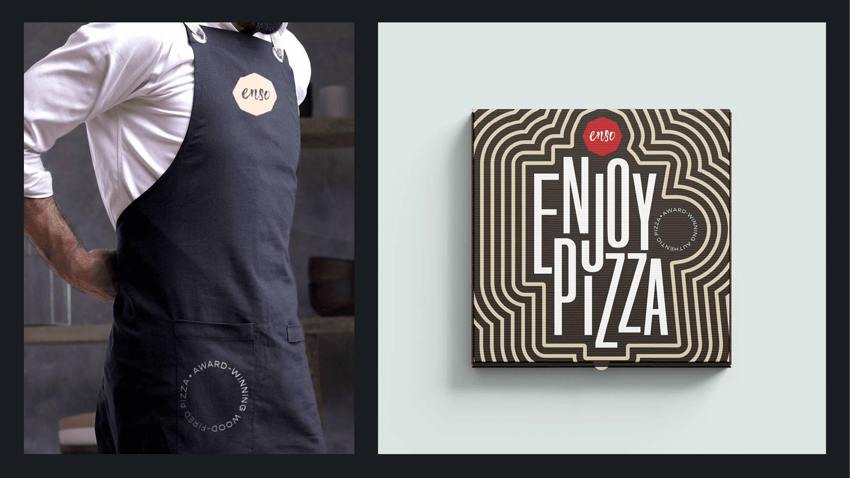 Split screen with a man putting an apron on with the opposite image of a branded pizza box