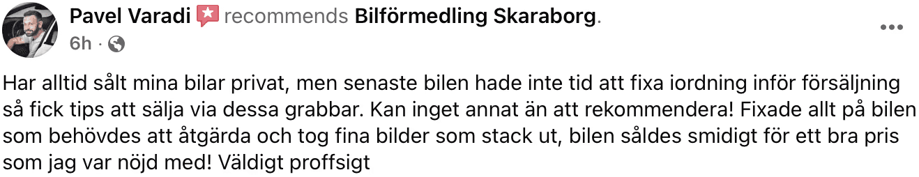 Omdömme från facebook på nöjd kund för bilförmedling