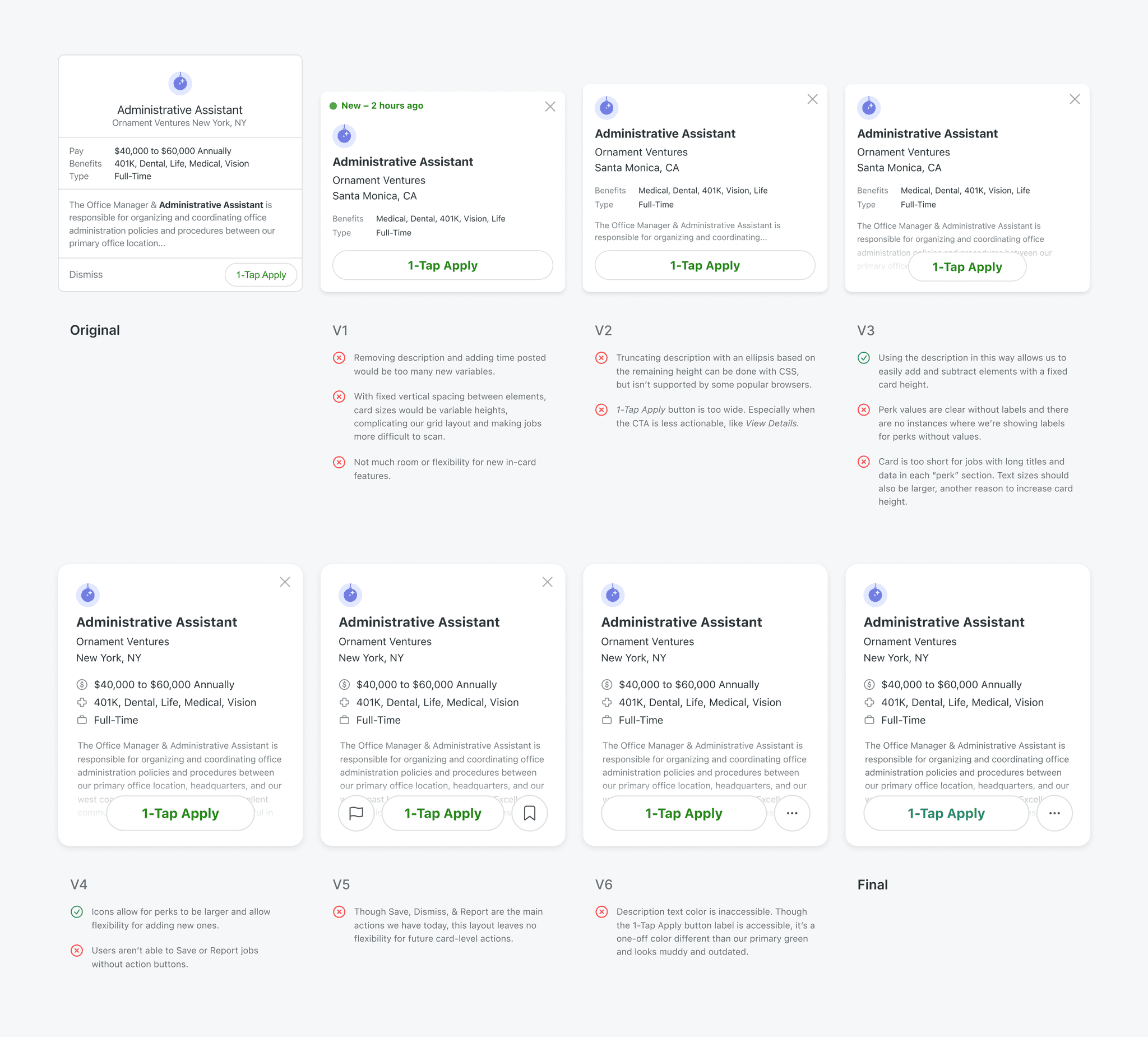Explorations of different job card designs, with pros and cons listed below each variation.