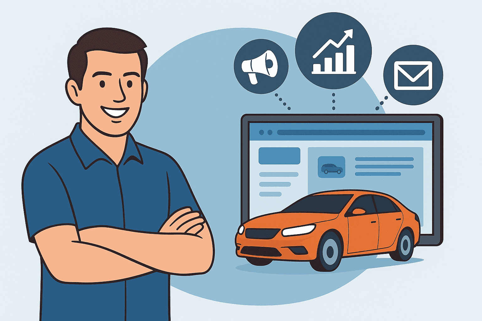 Uomo con auto, icone di marketing (megafono, grafico, email) e schermata del sito web