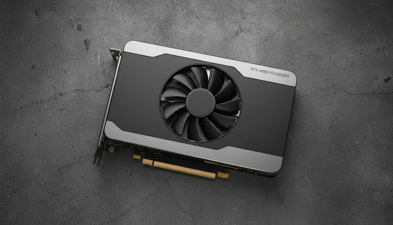 DSLR product photography of a modern NVIDIA RTX 40-series Founders Edition style GPU, laid diagonally on a textured, weathered dark gray concrete surface. The shot is from a top-down angle under soft studio lighting, creating even highlights on the silver metallic frame and minimal soft shadows. The GPU has a sleek black matte finish with a prominent black fan and a visible gold PCIe connector. Minimalist white sans-serif placeholder text is on the side. The entire image has a clean, professional aesthetic with sharp focus and high detail.