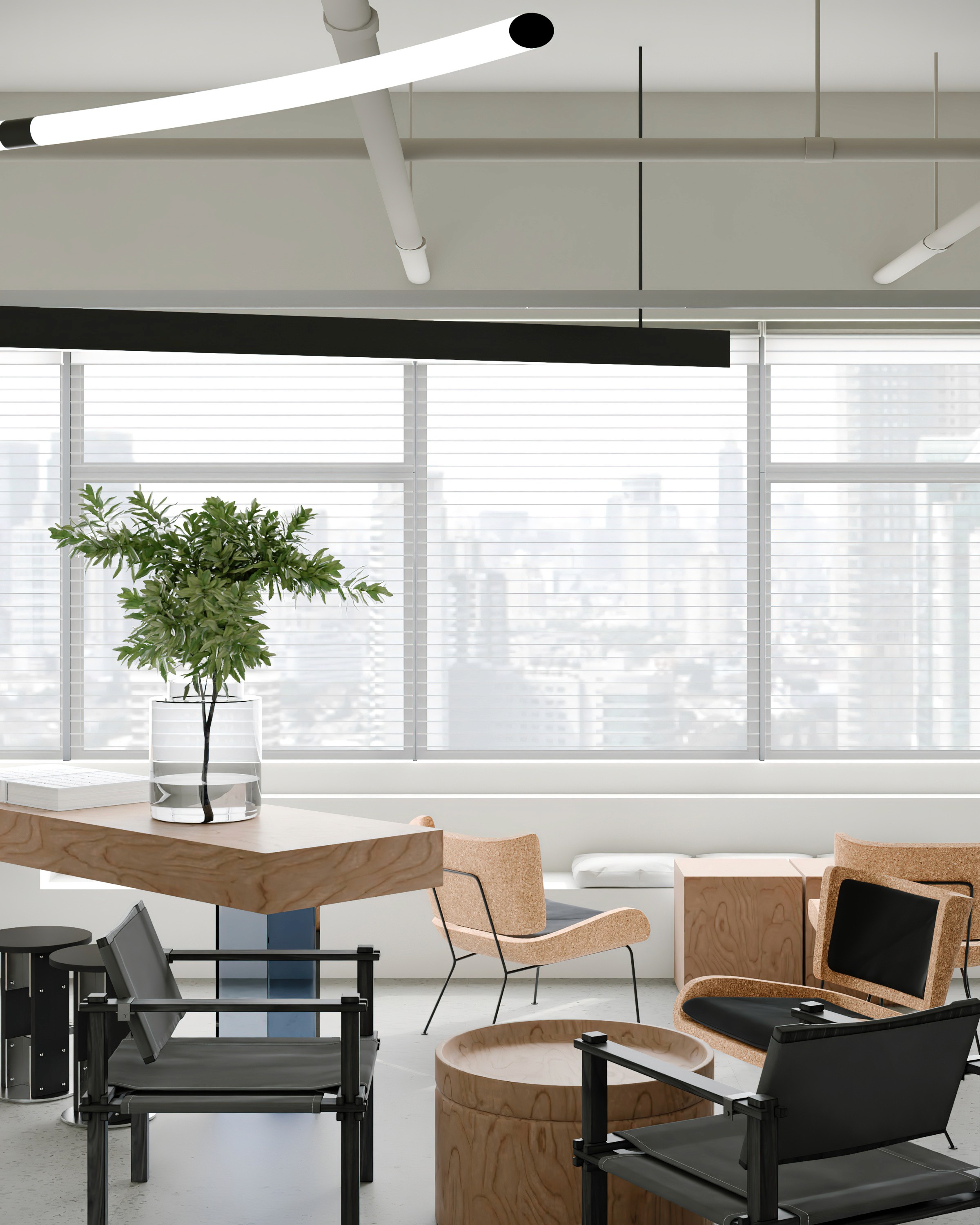 Professional office interior designer workspace showcasing ergonomic furniture and clean lines