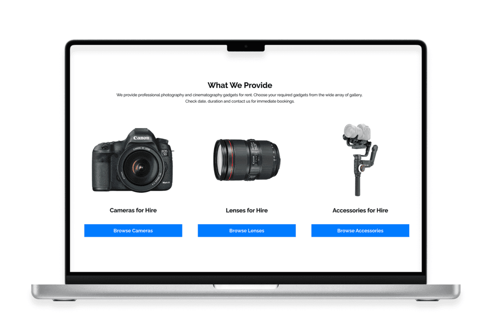 Laptop screen displaying website offering camera, lens, and accessory rentals.
