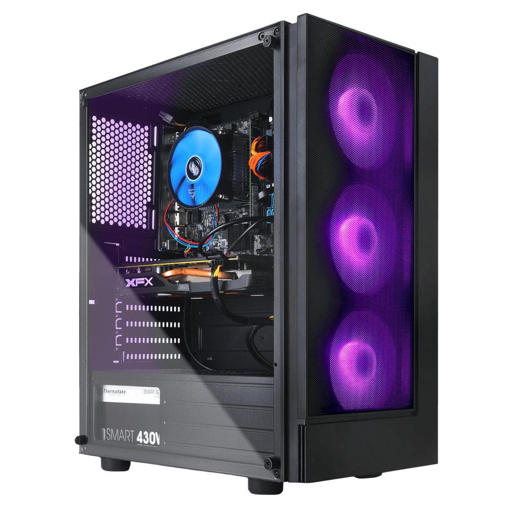 High-performance gaming PC with a side panel revealing internal components, including an XFX GPU, a powerful cooling fan with purple LED lighting, and a 430W iSmart power supply. The front panel features three vibrant purple RGB LED fans, enhancing the case's sleek black design. Ideal for building the best gaming PC in 2023, tailored for high-end gaming configurations and optimized for enthusiasts. Perfect for gaming builds, budget gaming PC setups, or complete PC builds for video gaming.