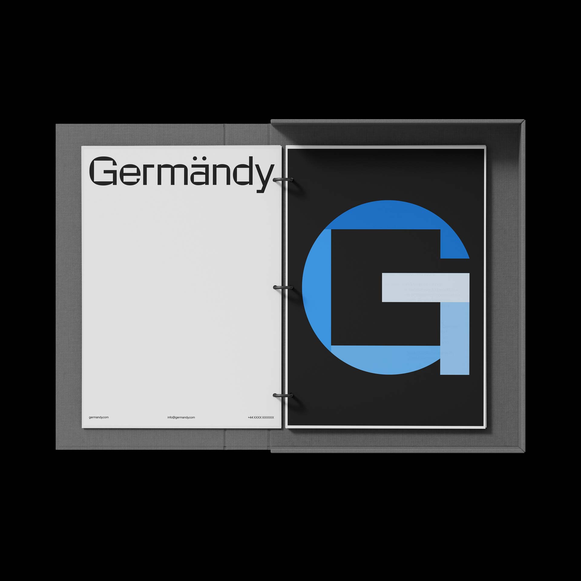 Open portfolio with 'Germany' and a large blue 'G' on an open A4 Binder