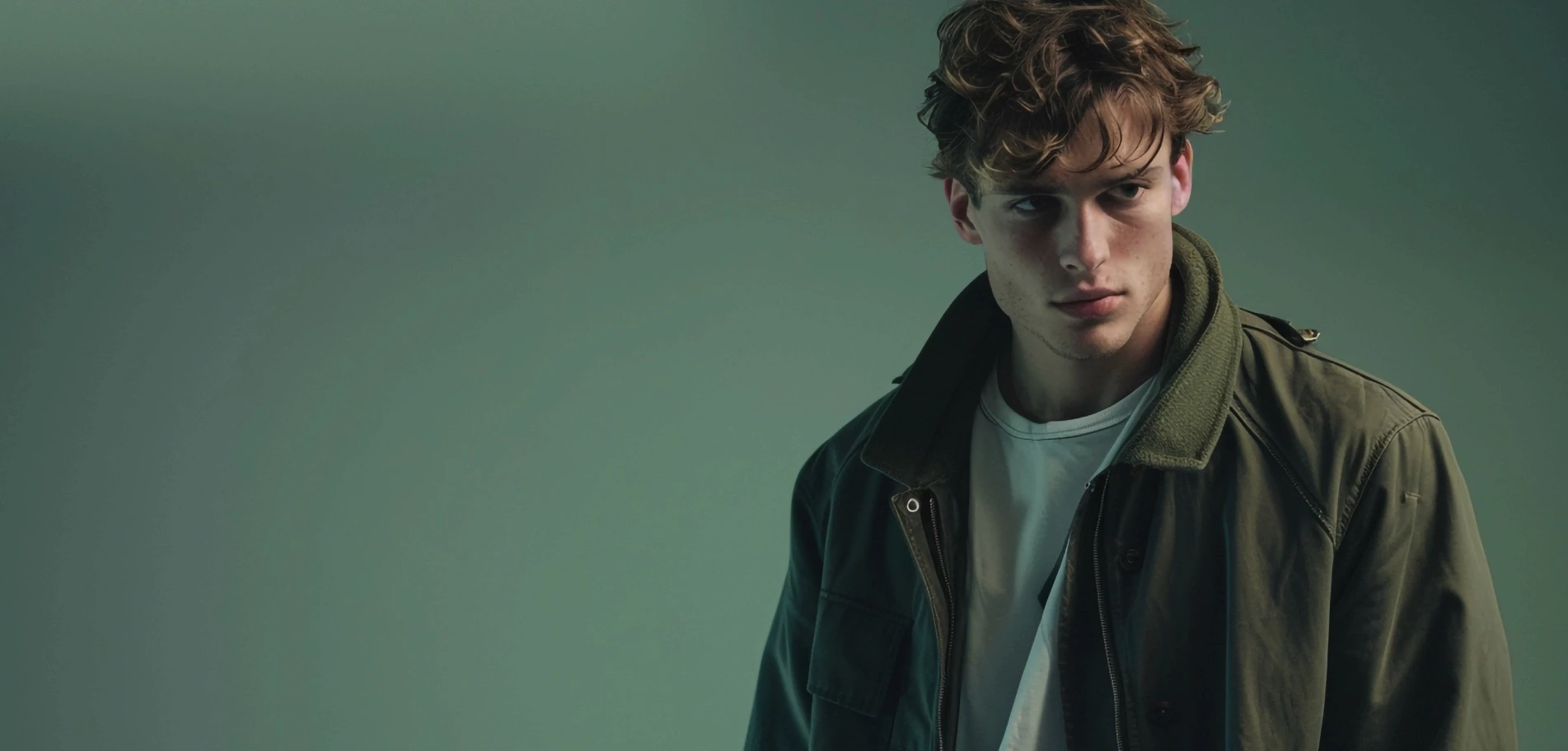 Model in an olive field jacket against a muted green backdrop