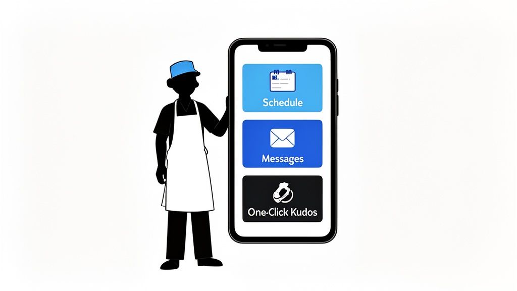 A silhouette of a chef next to a smartphone displaying schedule, messages, and kudos apps.