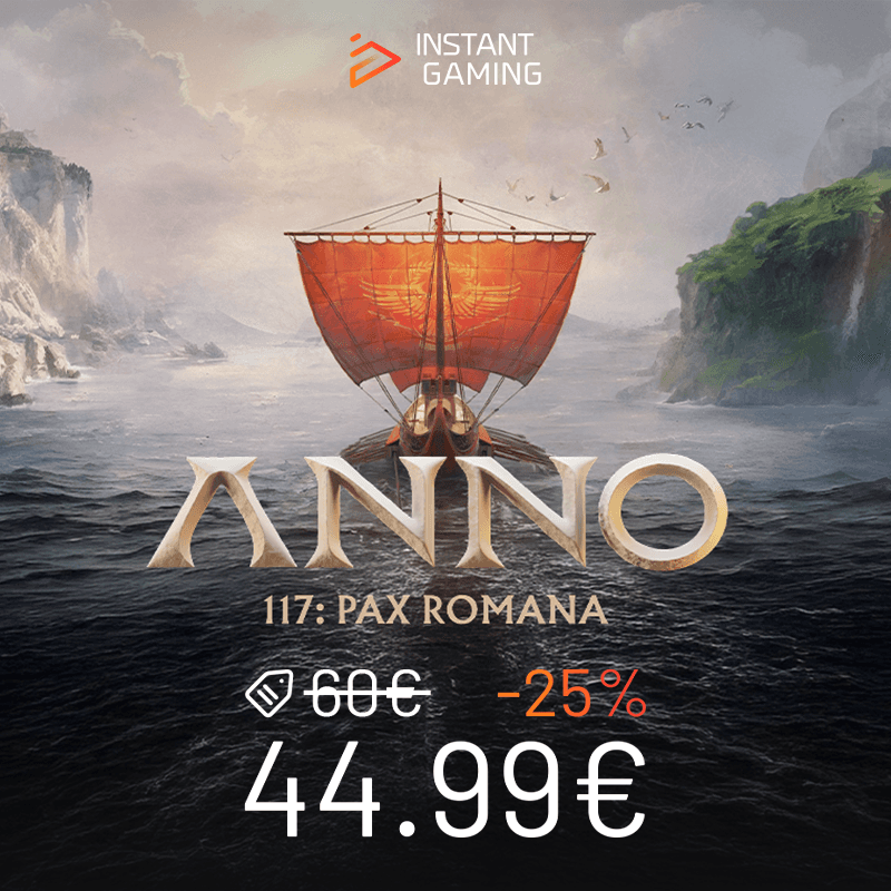 Jaquette Anno 117: Pax Romana – Jeu PC de stratégie historique avec navire romain à voile rouge, emblème doré, falaises et ambiance antique. Promo -25% sur Keyverse Gaming.