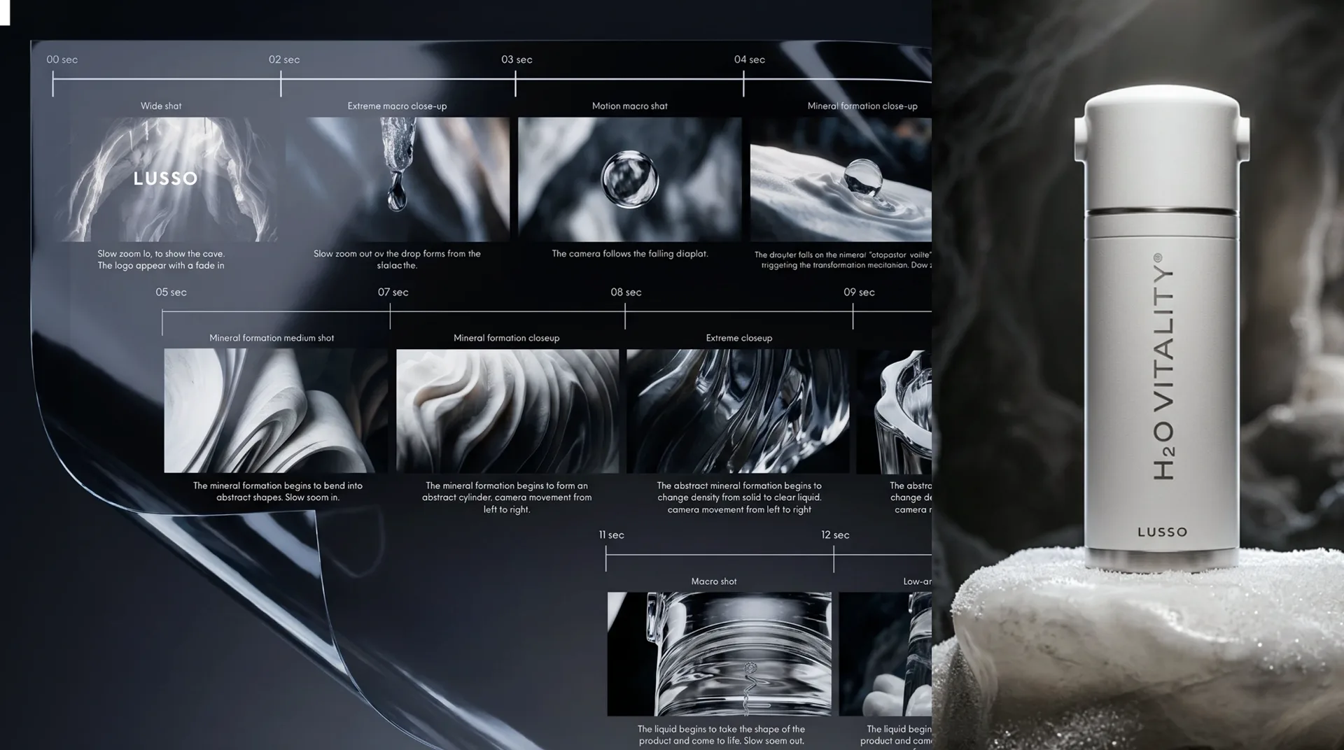 Lusso H2O Vitality product-film storyboard and white bottle render