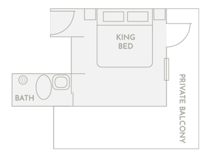 Floorplan of Room 9 showing queen bed, private balcony, and bathroom layout.