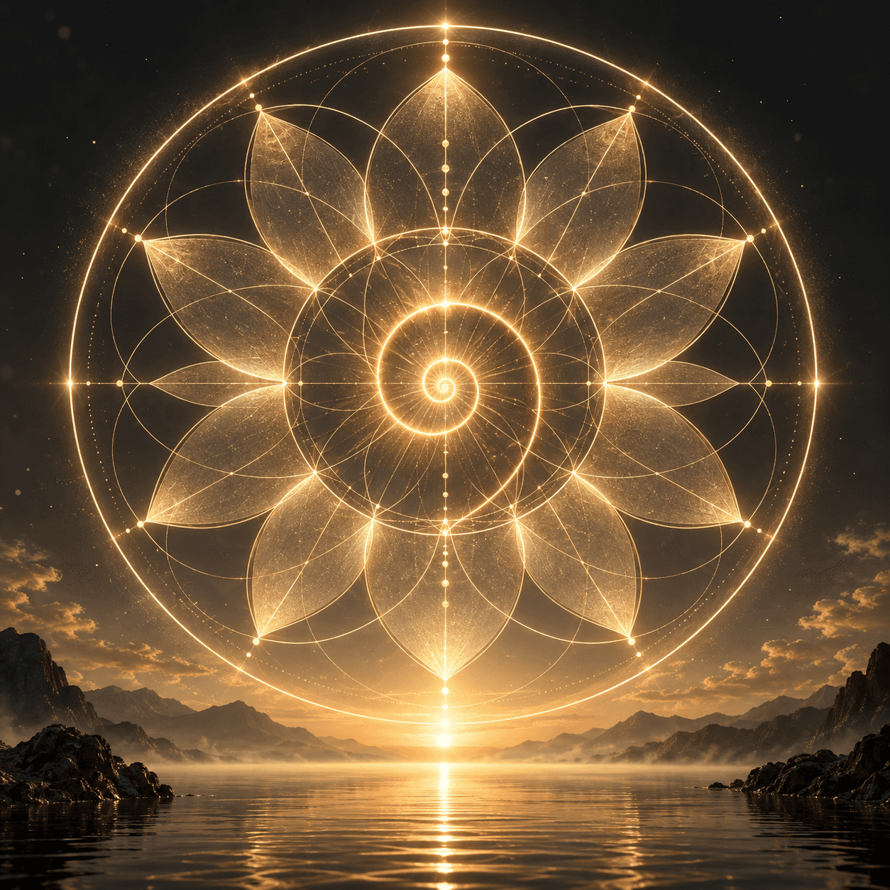 Sunrise-gold solar mandala with a luminous spiral centre